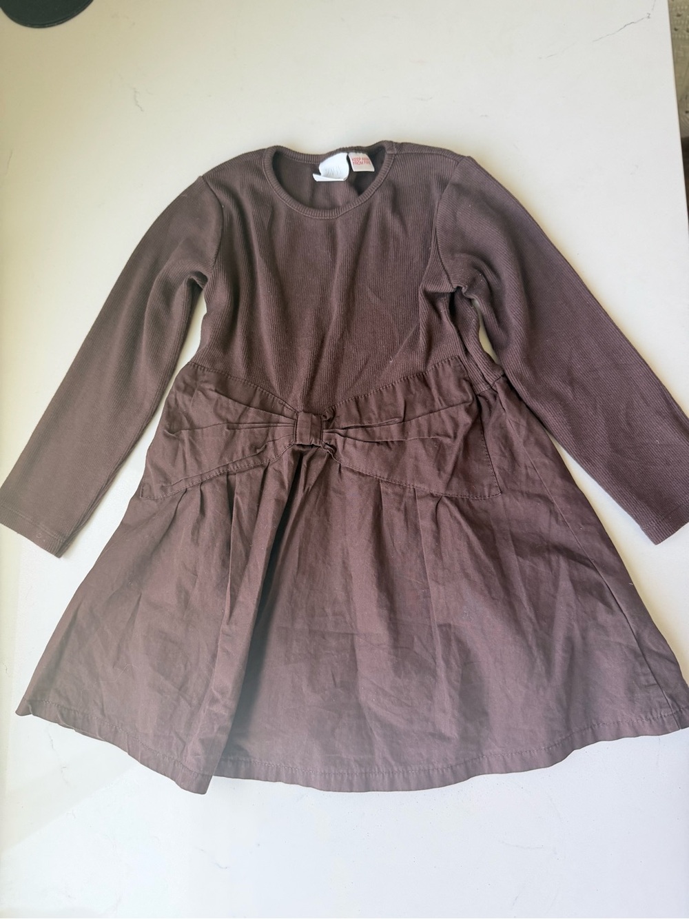 Zara Girls Brown Long-Sleeve Dress with Front Bow
